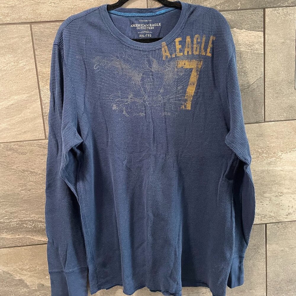 American Eagle Waffle Knit Long Sleeve T-Shirt Blue XXL